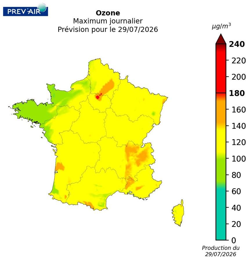 Concentrations en maximums journaliers d’ozone en µg/m³ prévues par Prev’air pour aujourd’hui