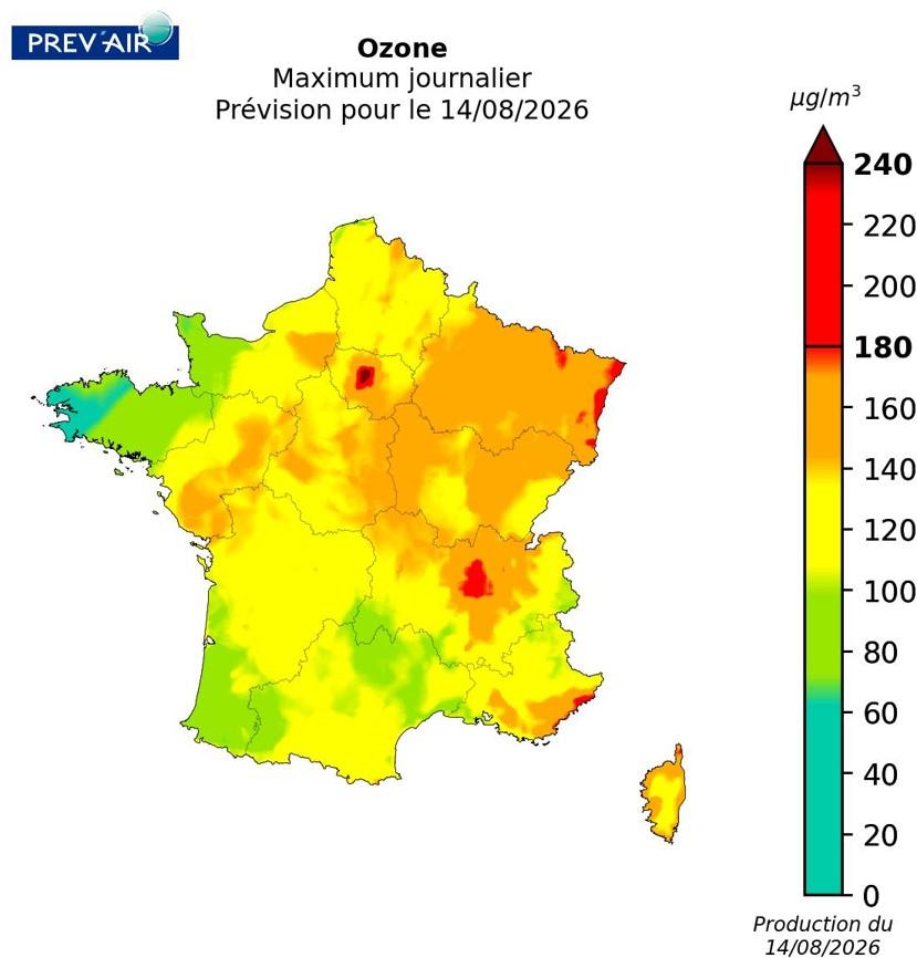 Concentrations d’ozone sur la métropole (maximum journalier en µg/m3) prévues par PREV’AIR pour aujourd’hui.