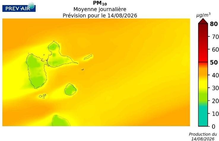 Concentrations de PM10 sur la Guadeloupe (moyenne journalière en µg/m3) prévues par PREV’AIR pour aujourd’hui.
