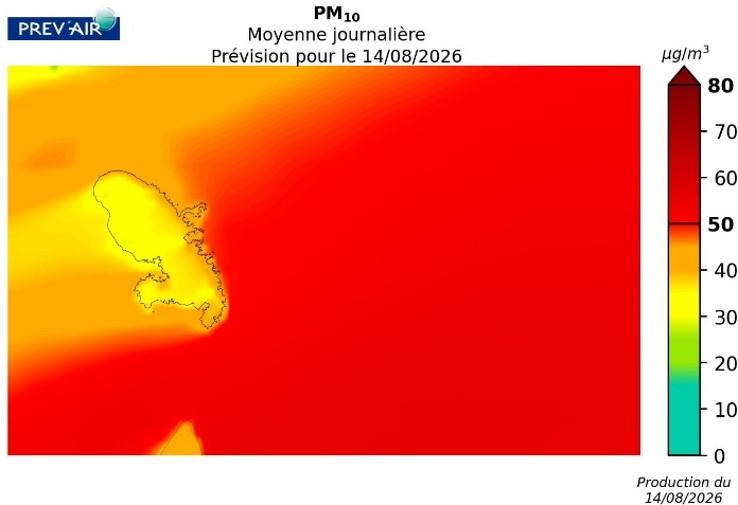 Concentrations de PM10 sur la Martinique (moyenne journalière en µg/m3) prévues par PREV’AIR pour aujourd’hui.
