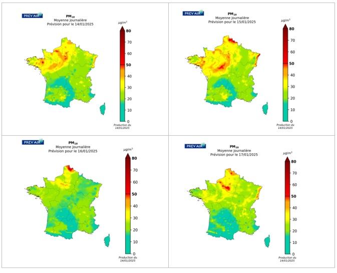 Concentrations en moyenne journalière de PM10 en g/m3 prévues par Prév’air pour aujourd’hui, demain, après-demain et le jour suivant.