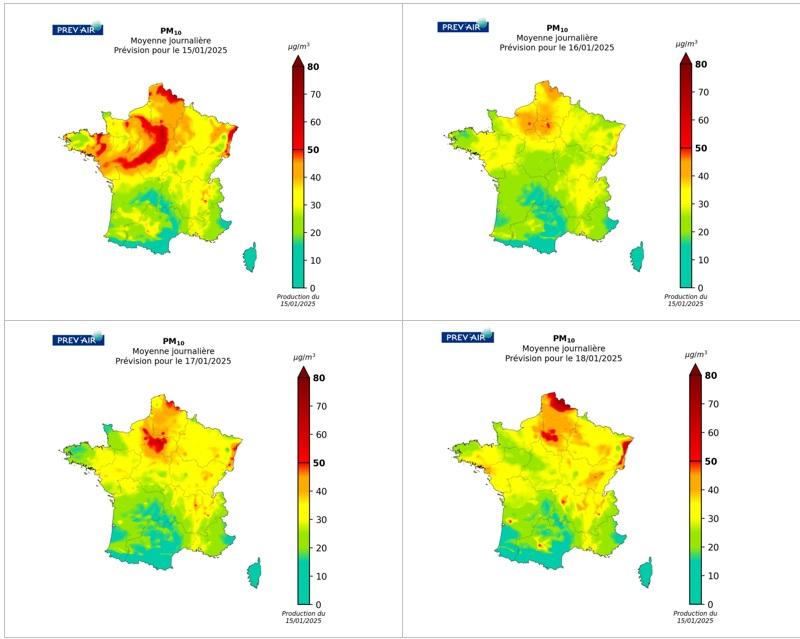 Concentrations en moyenne journalière de PM10 en g/m3 prévues par Prev’air pour aujourd’hui, demain, après-demain et le jour suivant.