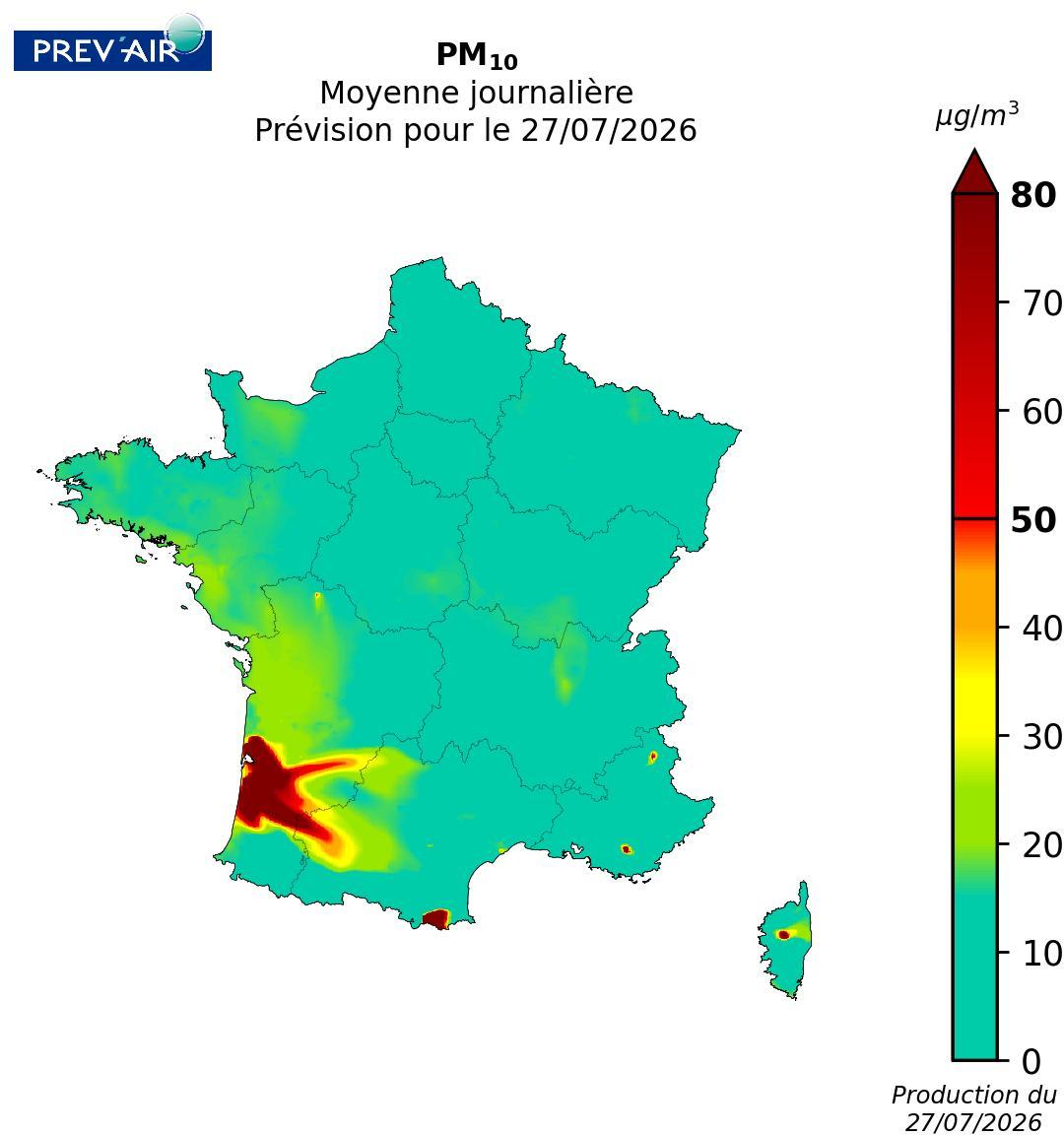 Concentrations en moyennes journalières de PM10 en µg/m3 prévues par Prev’air pour aujourd’hui 27 juillet 2026