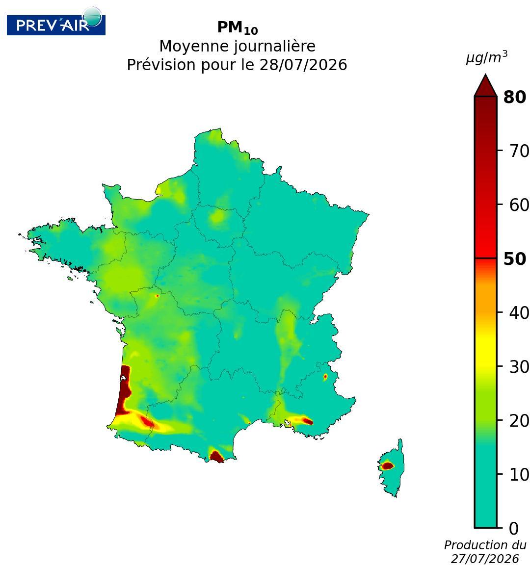 Concentrations en moyennes journalières de PM10 en µg/m3 prévues par Prev’air pour demain 28 juillet 2026