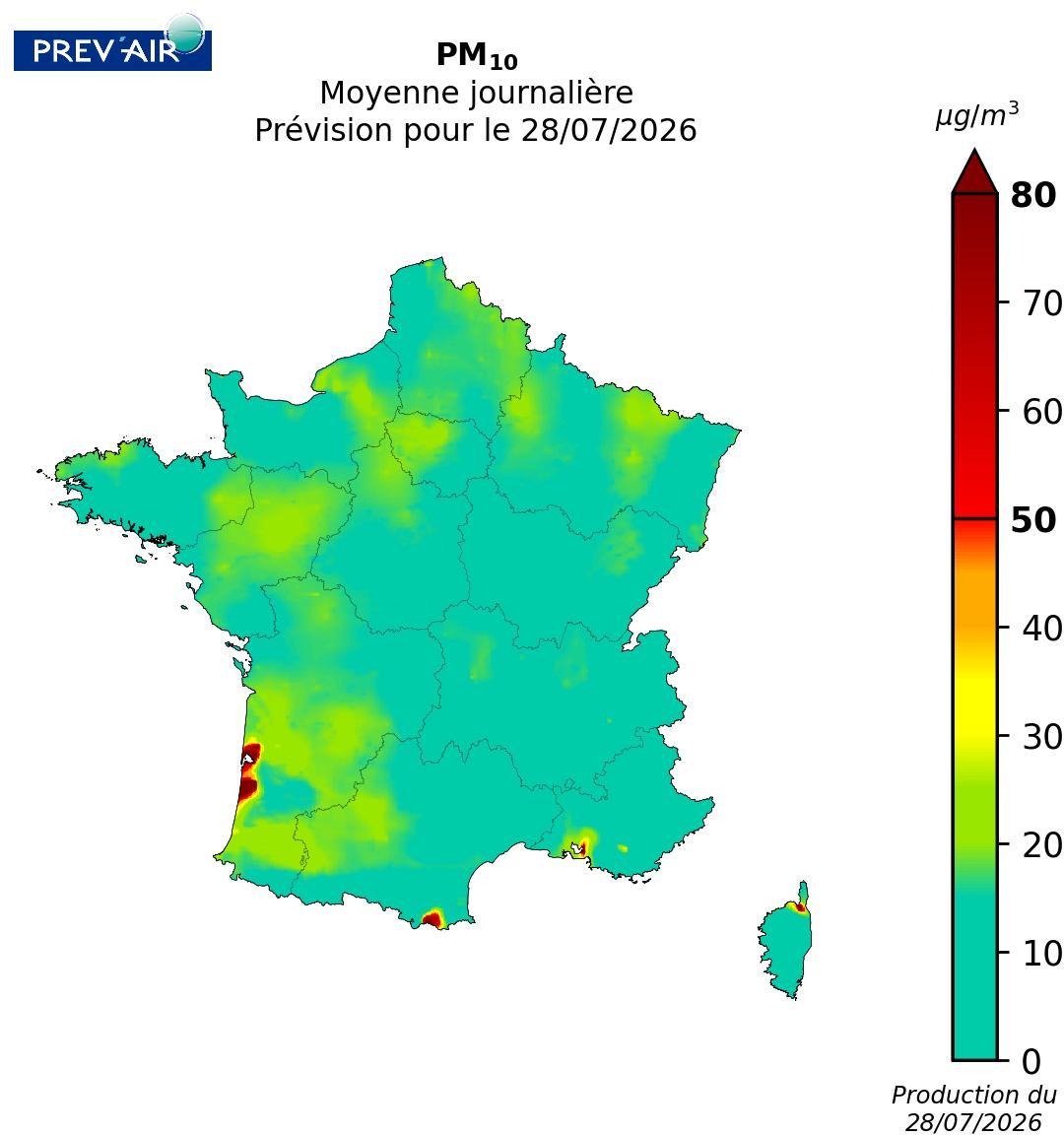 Concentrations en moyennes journalières de PM10 en µg/m3 prévues par Prev’air pour aujourd’hui 28 juillet 2026.