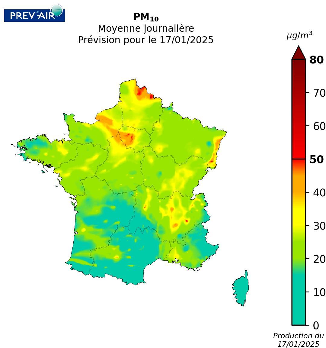 Concentrations en moyenne journalière de PM10 en µg/m3 prévues par Prev’air pour aujourd’hui 