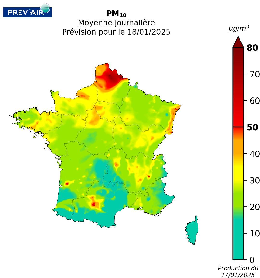 Concentrations en moyenne journalière de PM10 en µg/m3 prévues par Prev’air pour demain