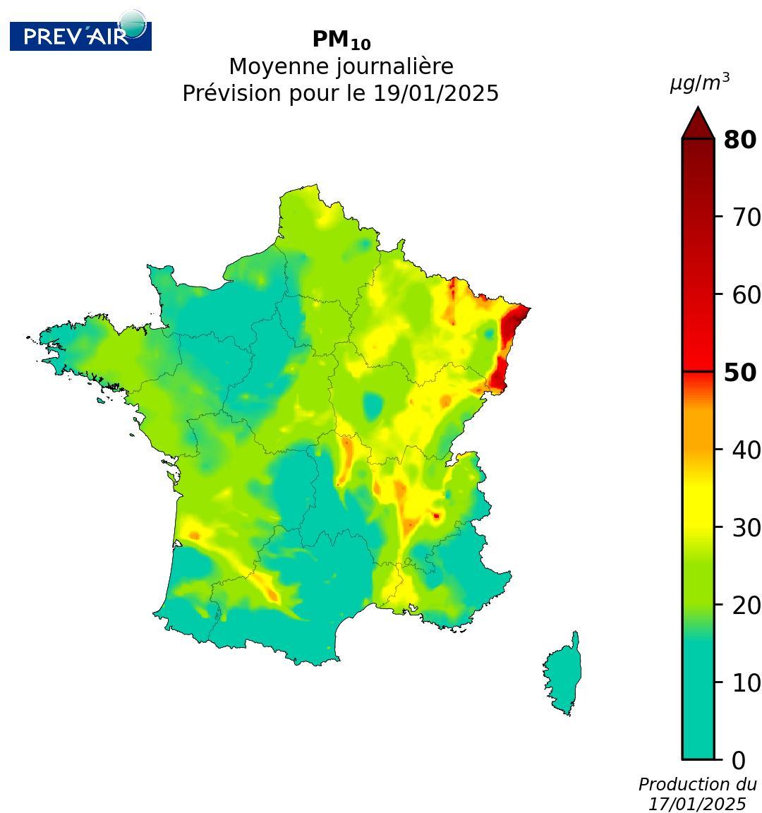Concentrations en moyenne journalière de PM10 en g/m3 prévues par Prev’air pour après demain