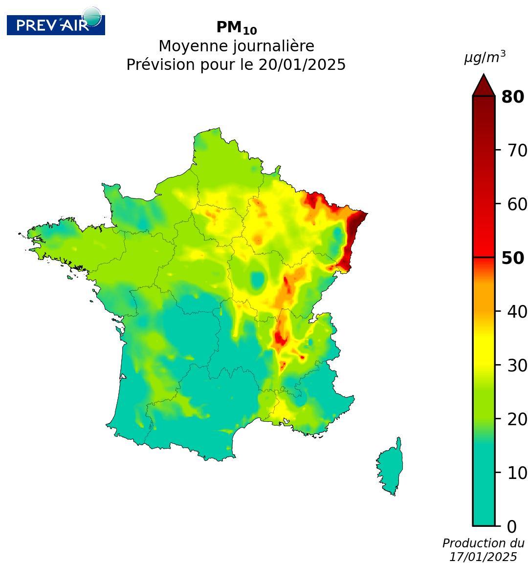 Concentrations en moyenne journalière de PM10 en µg/m3 prévues par Prev’air pour le 20/01/2025