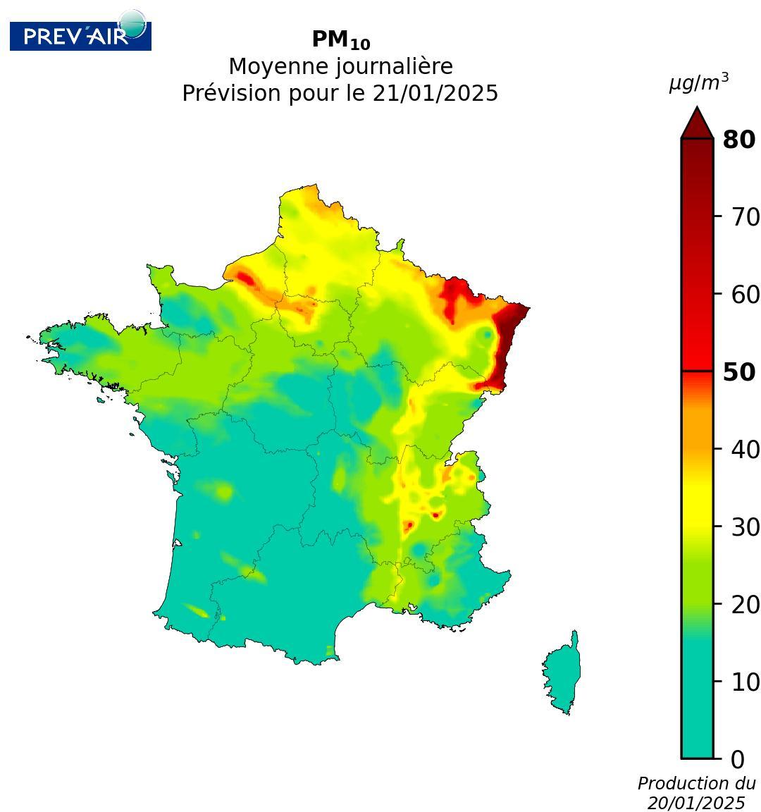 Concentrations en moyenne journalière de PM10 en mg/m3 prévues par Prev’air pour demain