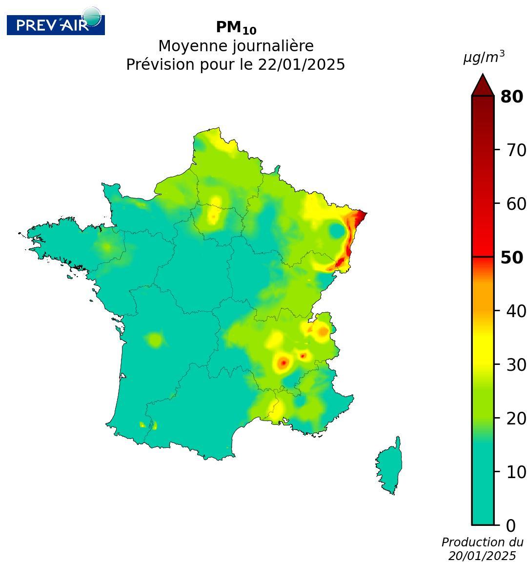 Concentrations en moyenne journalière de PM10 en mg/m3 prévues par Prev’air pour après-demain