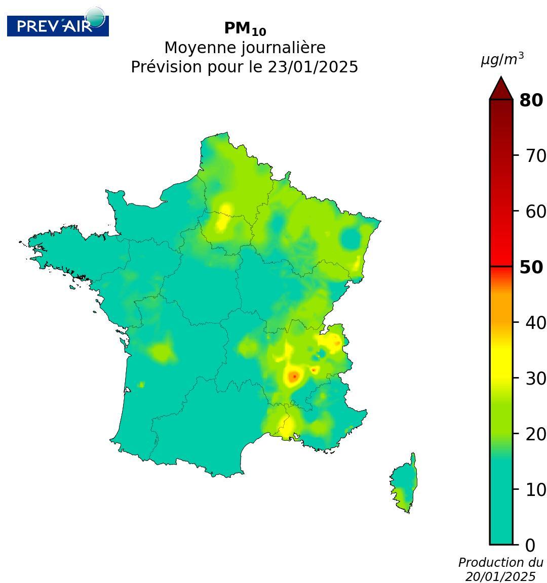 Concentrations en moyenne journalière de PM10 en mg/m3 prévues par Prev’air pour le 23/01/2025
