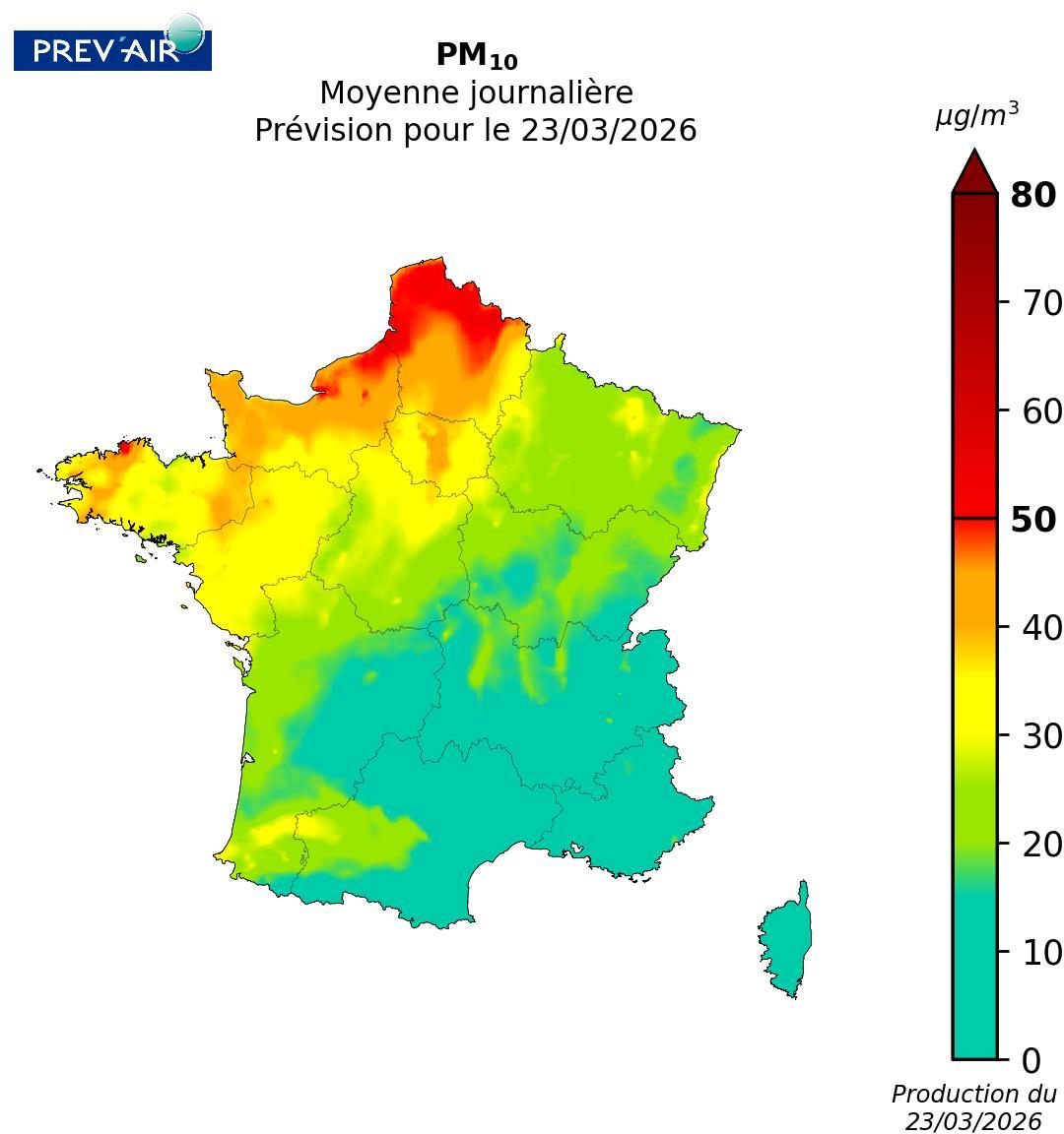 Concentrations de particules (PM10) sur la métropole (moyennes journalières en µg/m3) prévues par PREV’AIR pour aujourd’hui.