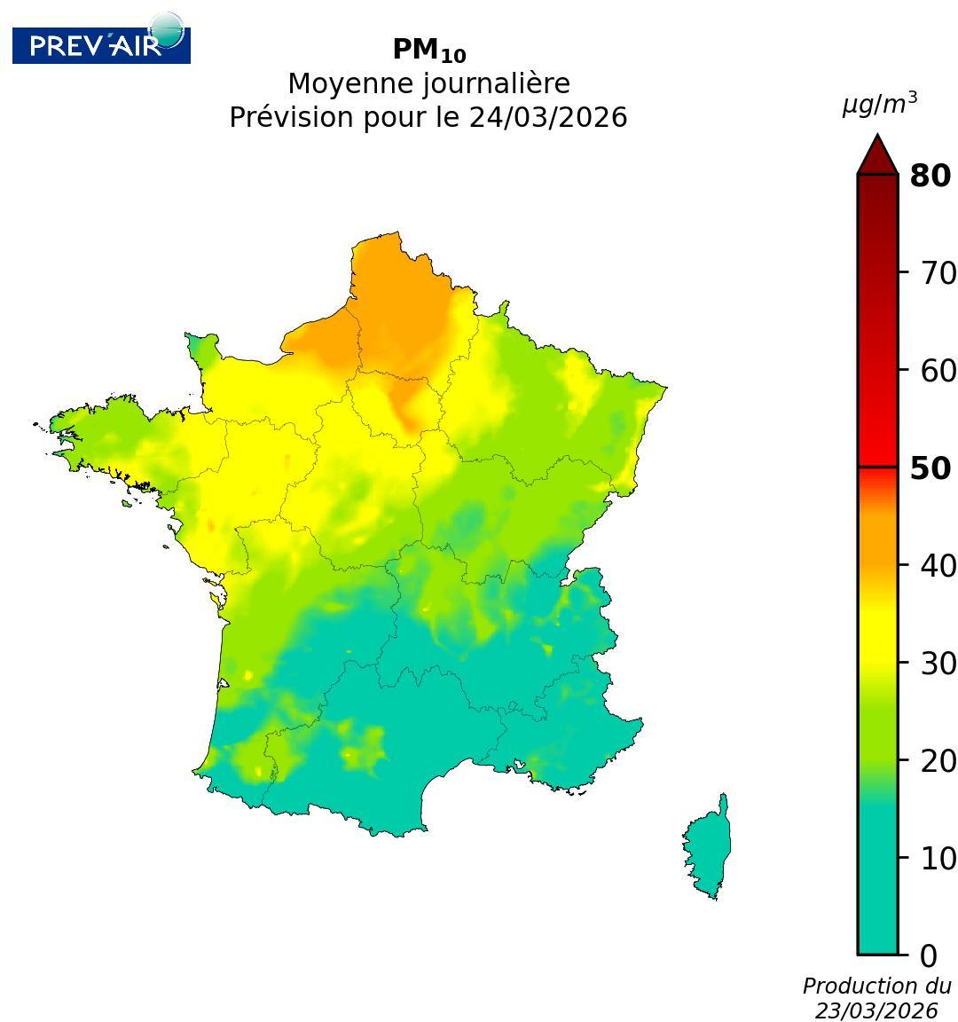 Concentrations de particules (PM10) sur la métropole (moyennes journalières en µg/m3) prévues par PREV’AIR pour demain