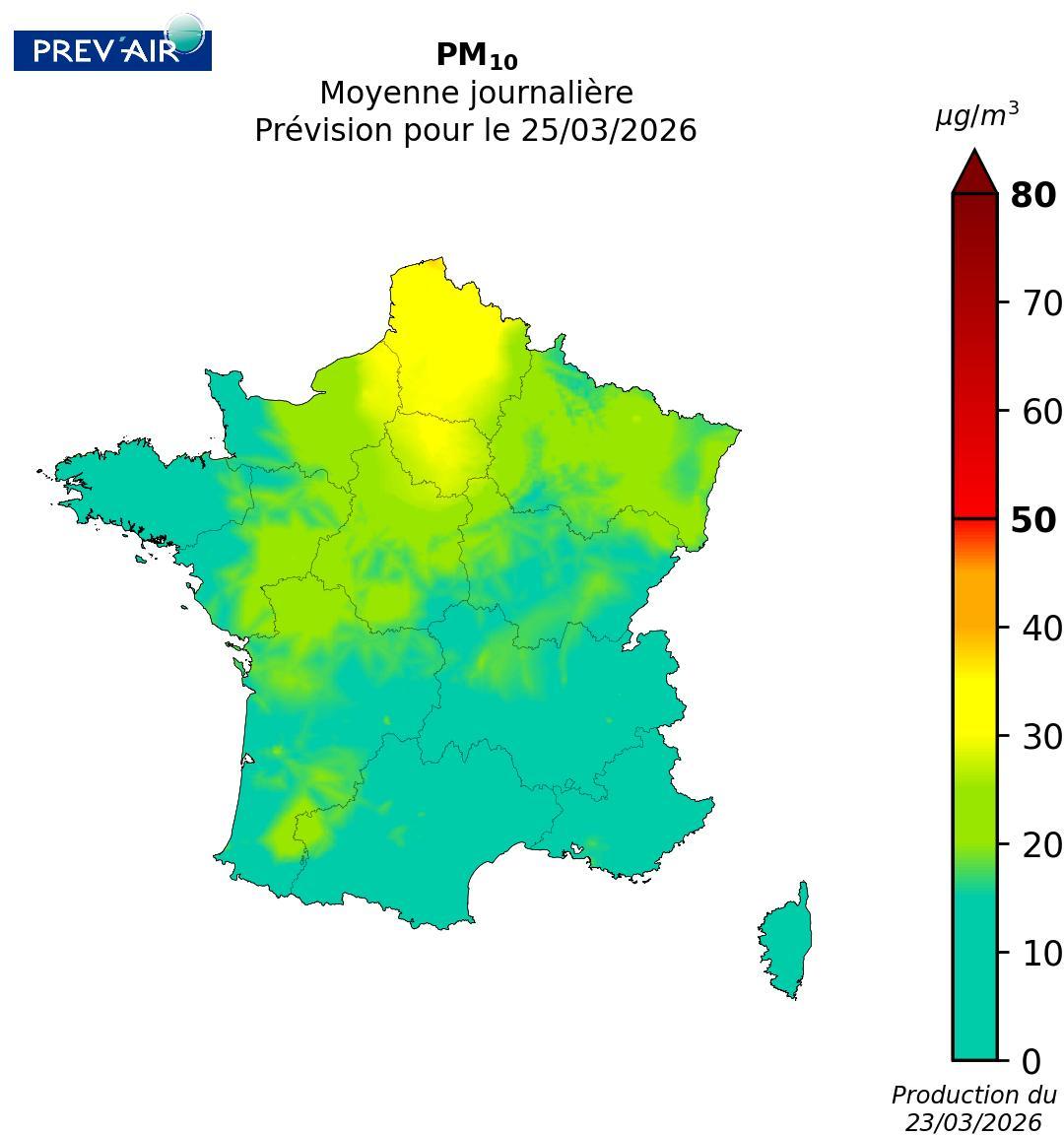 Concentrations en moyenne journalière de PM10 en µg/m3 prévues par Prev’air pour le mercredi 25 mars