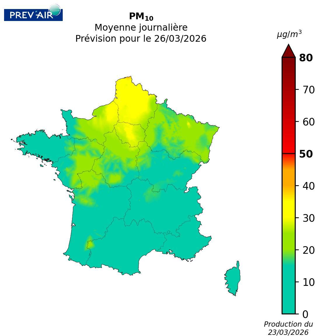 Concentrations en moyenne journalière de PM10 en µg/m3 prévues par Prev’air pour le jeudi 26 mars