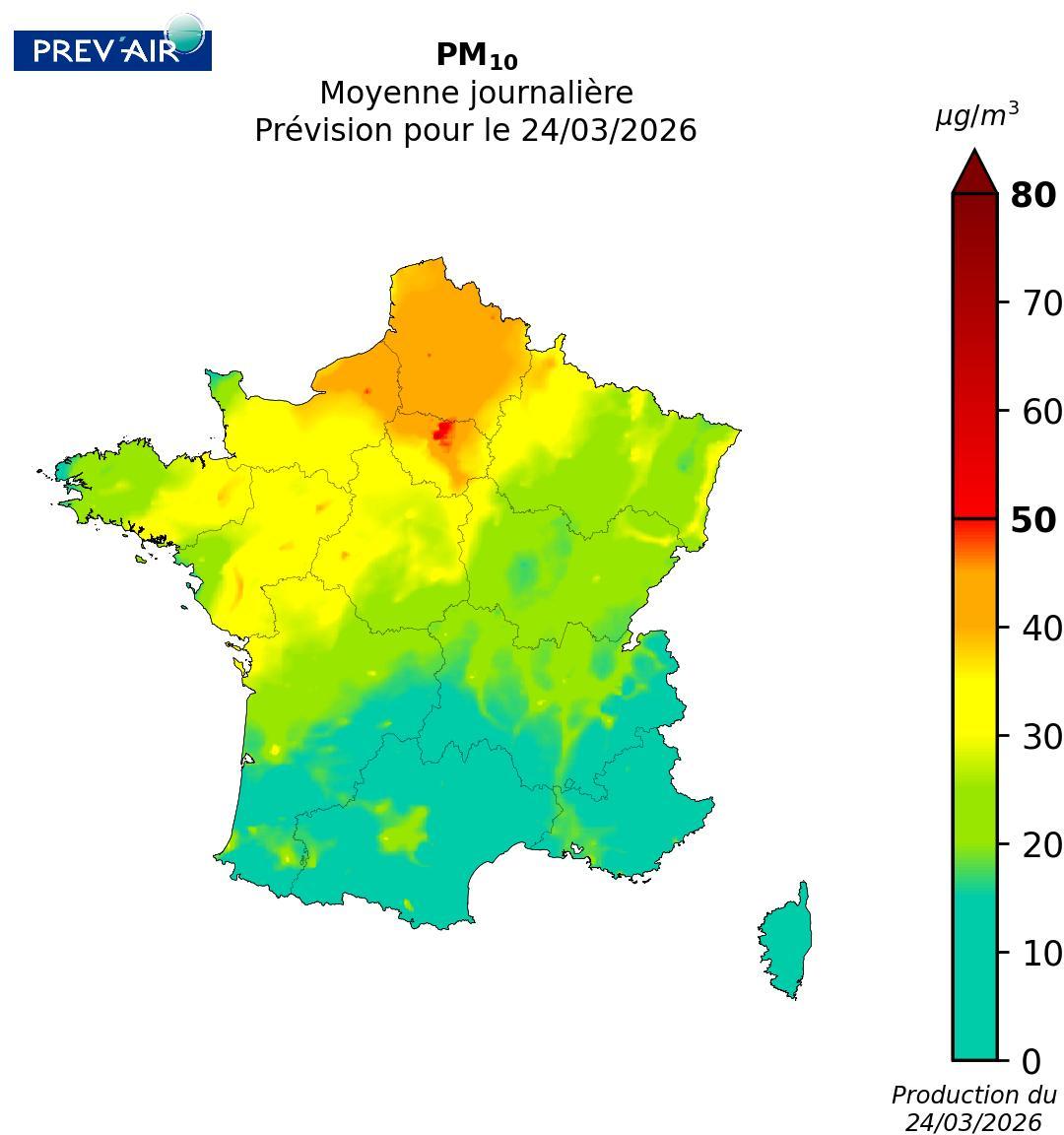  Concentrations de particules (PM10) sur la métropole (moyennes journalières en µg/m3) prévues par PREV’AIR pour aujourd’hui