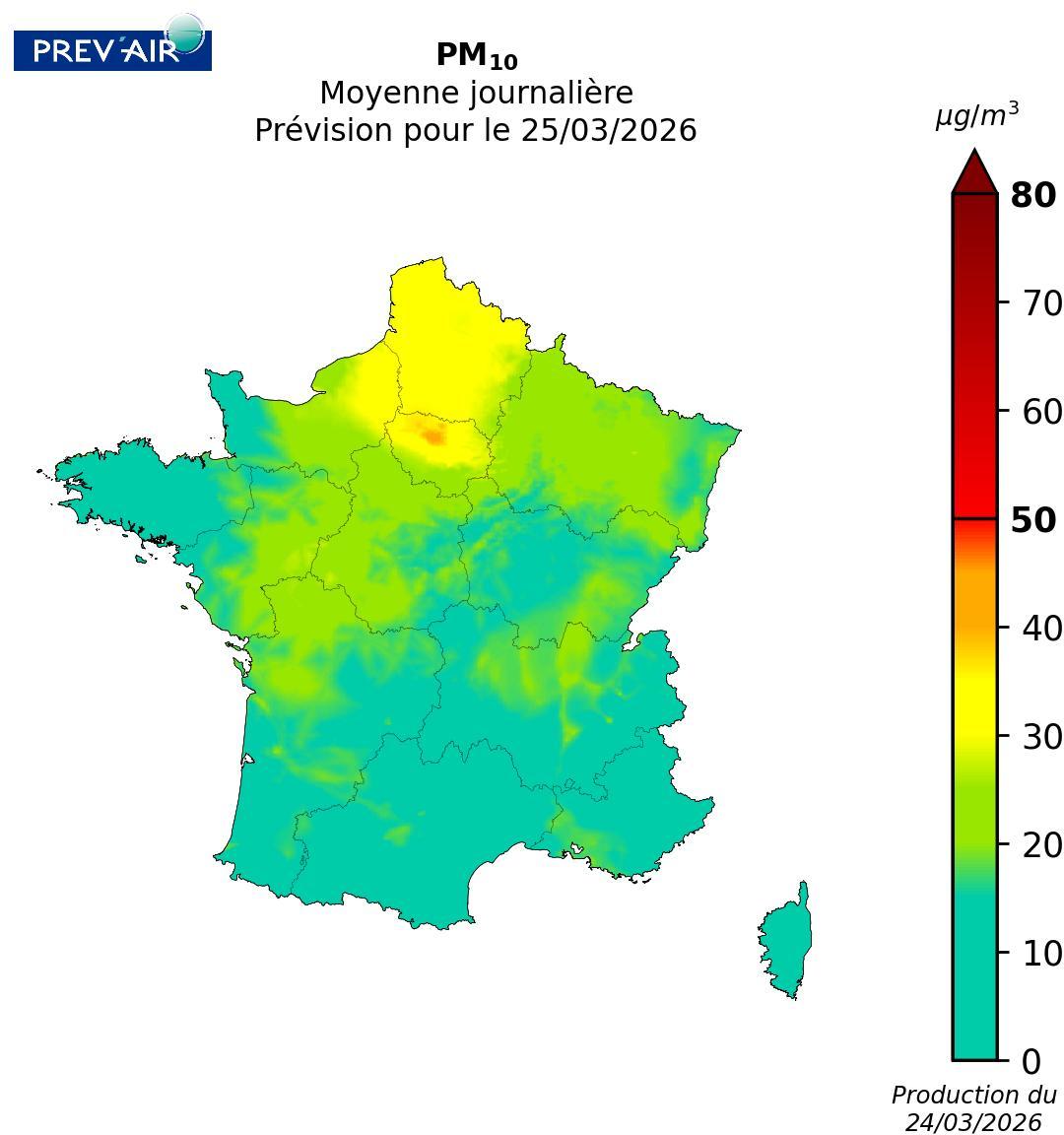  Concentrations de particules (PM10) sur la métropole (moyennes journalières en µg/m3) prévues par PREV’AIR pour demain