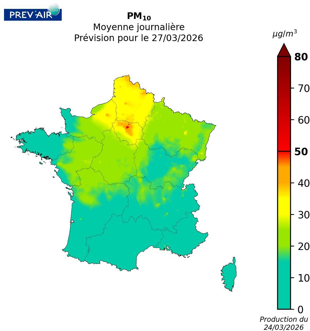Concentrations de particules (PM10) sur la métropole (moyennes journalières en&nbsp;µg/m3) prévues par PREV’AIR pour le 27 mars 2026