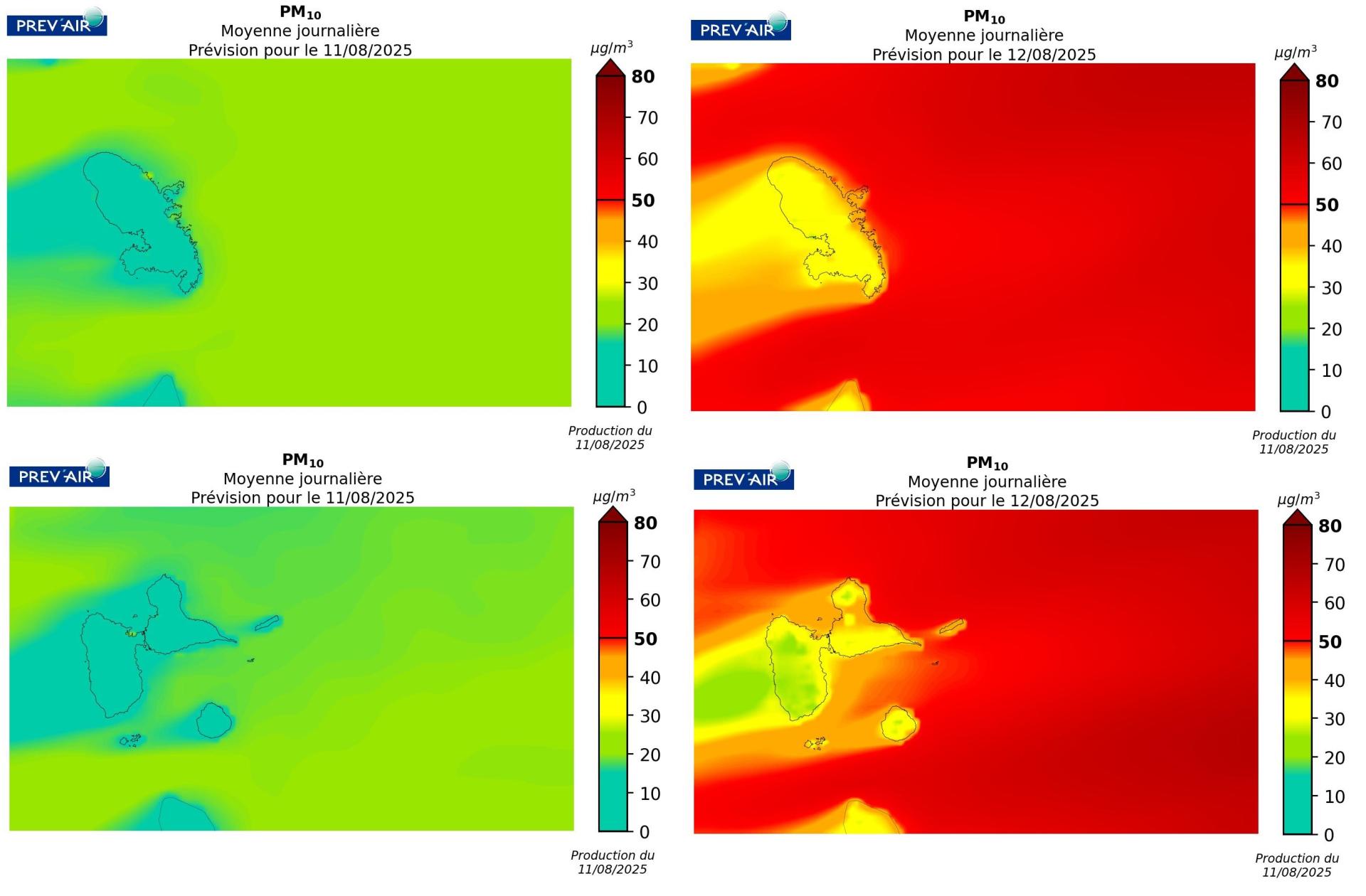 Concentrations de PM10 sur la Martinique et Guadeloupe (concentrations journalières en µg/m3) prévues par PREV’AIR pour aujourd’hui et demain.