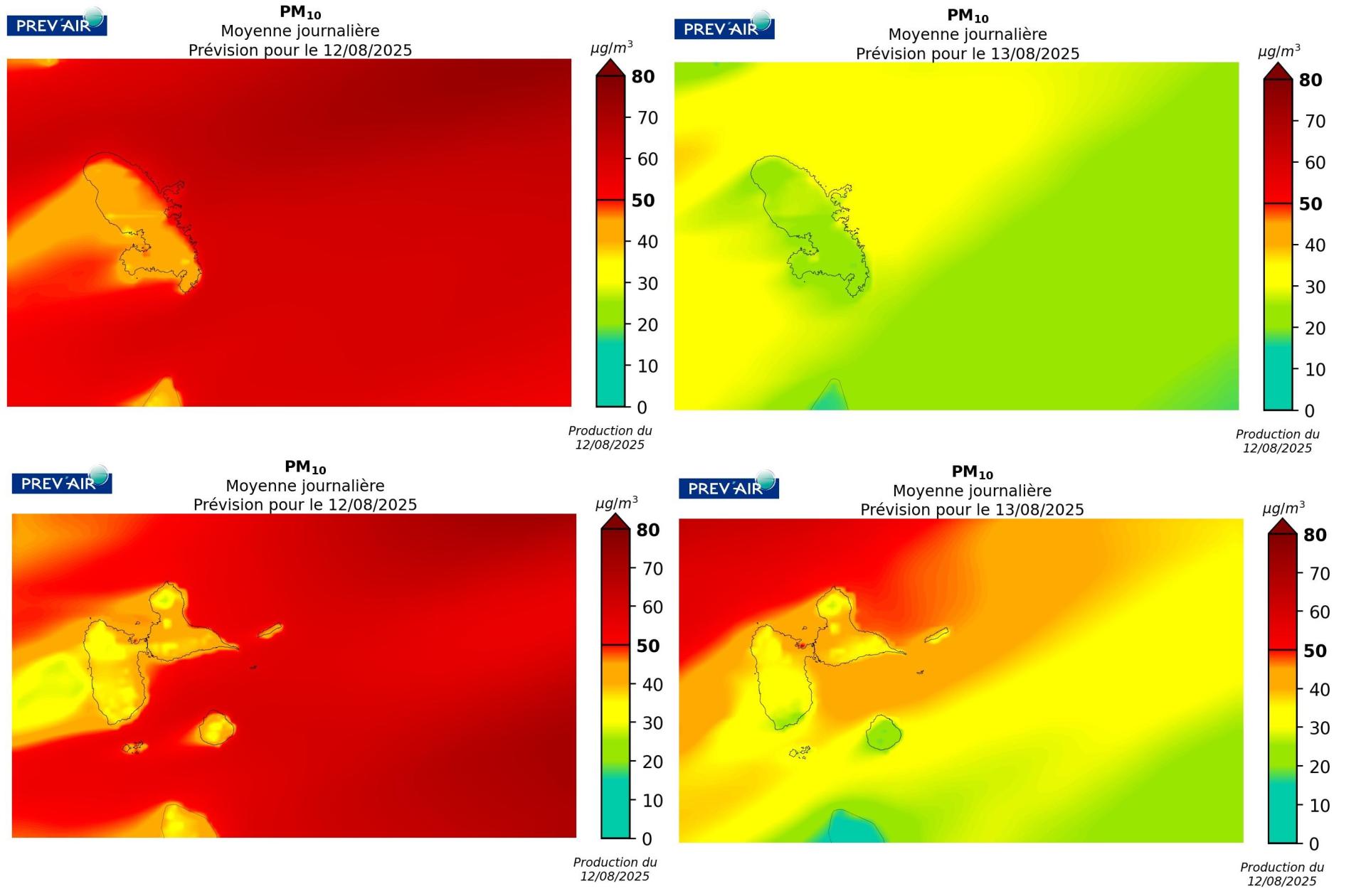 Concentrations de PM10 sur la Martinique et Guadeloupe (concentrations journalières en µg/m3) prévues par PREV’AIR pour aujourd’hui et demain.