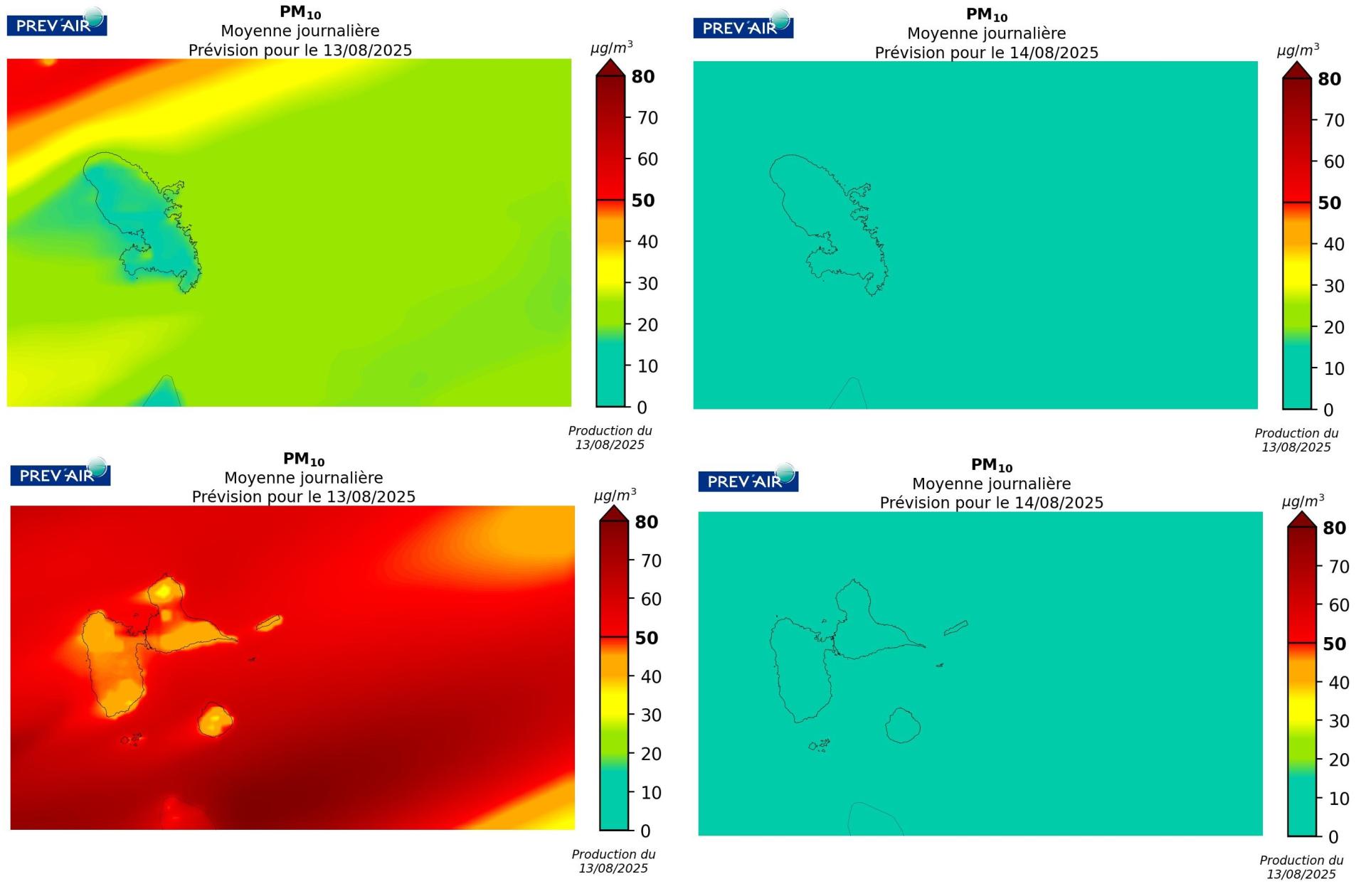 Concentrations de PM10 sur la Martinique et la Guadeloupe (concentrations journalières en µg/m3) prévues par PREV’AIR pour aujourd’hui et demain.