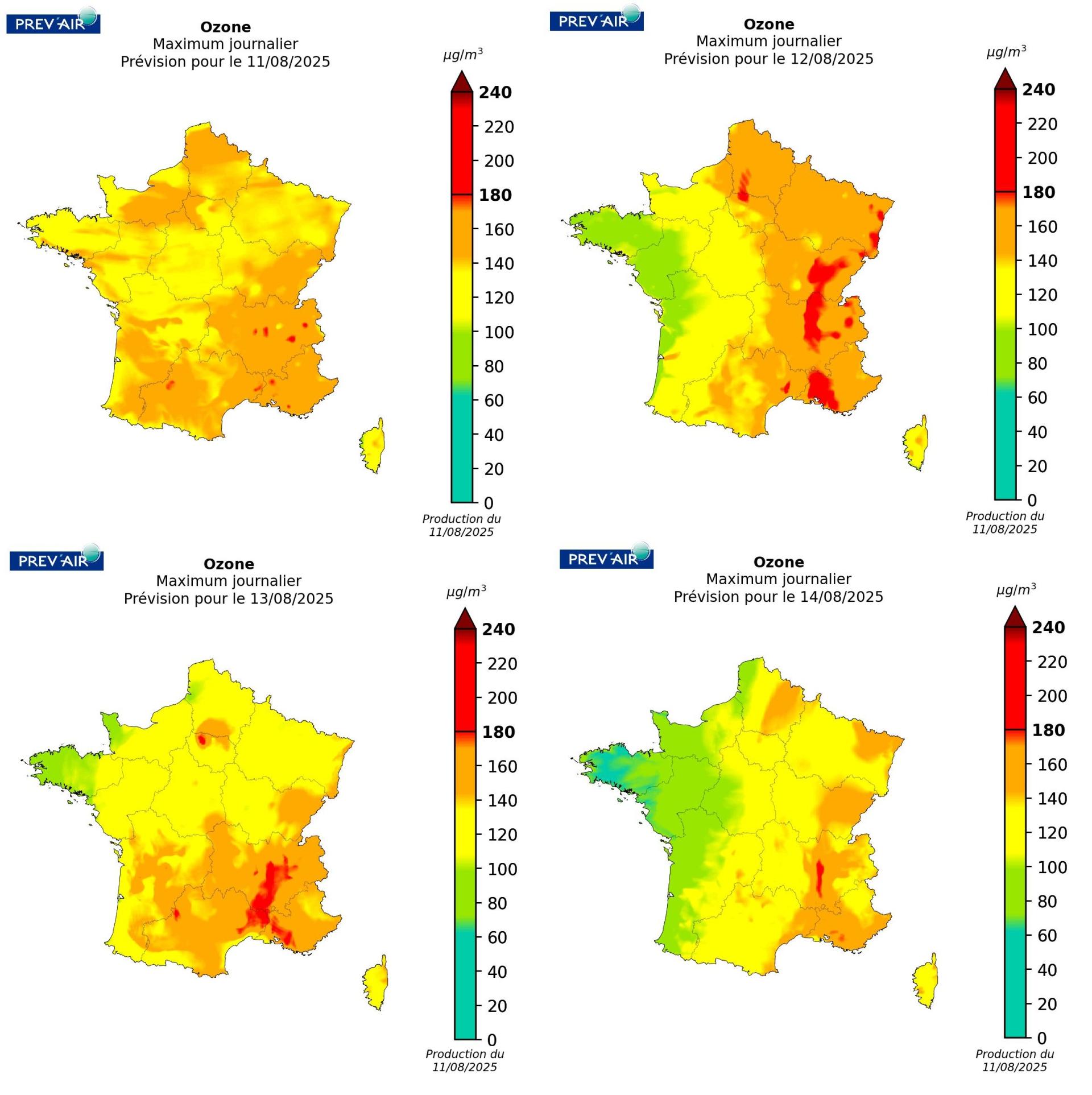 Concentrations d’ozone sur la métropole (maximums journaliers en µg/m3) prévues par PREV’AIR pour aujourd’hui, demain, après-demain et le jour suivant.