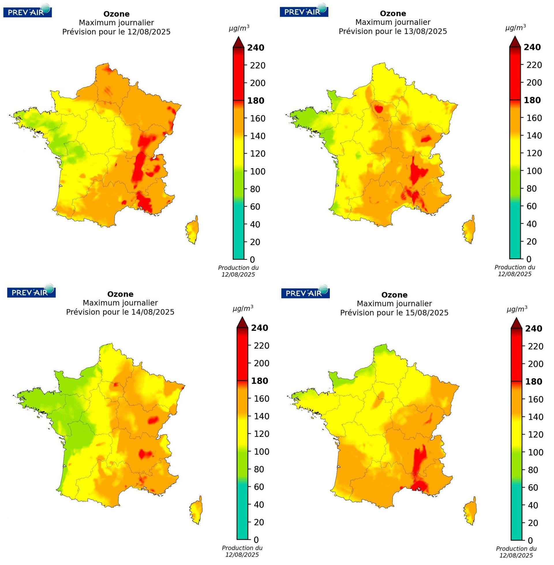 Concentrations d’ozone sur la métropole (maximums journaliers en µg/m3) prévues par PREV’AIR pour aujourd’hui, demain, après-demain et le jour suivant.