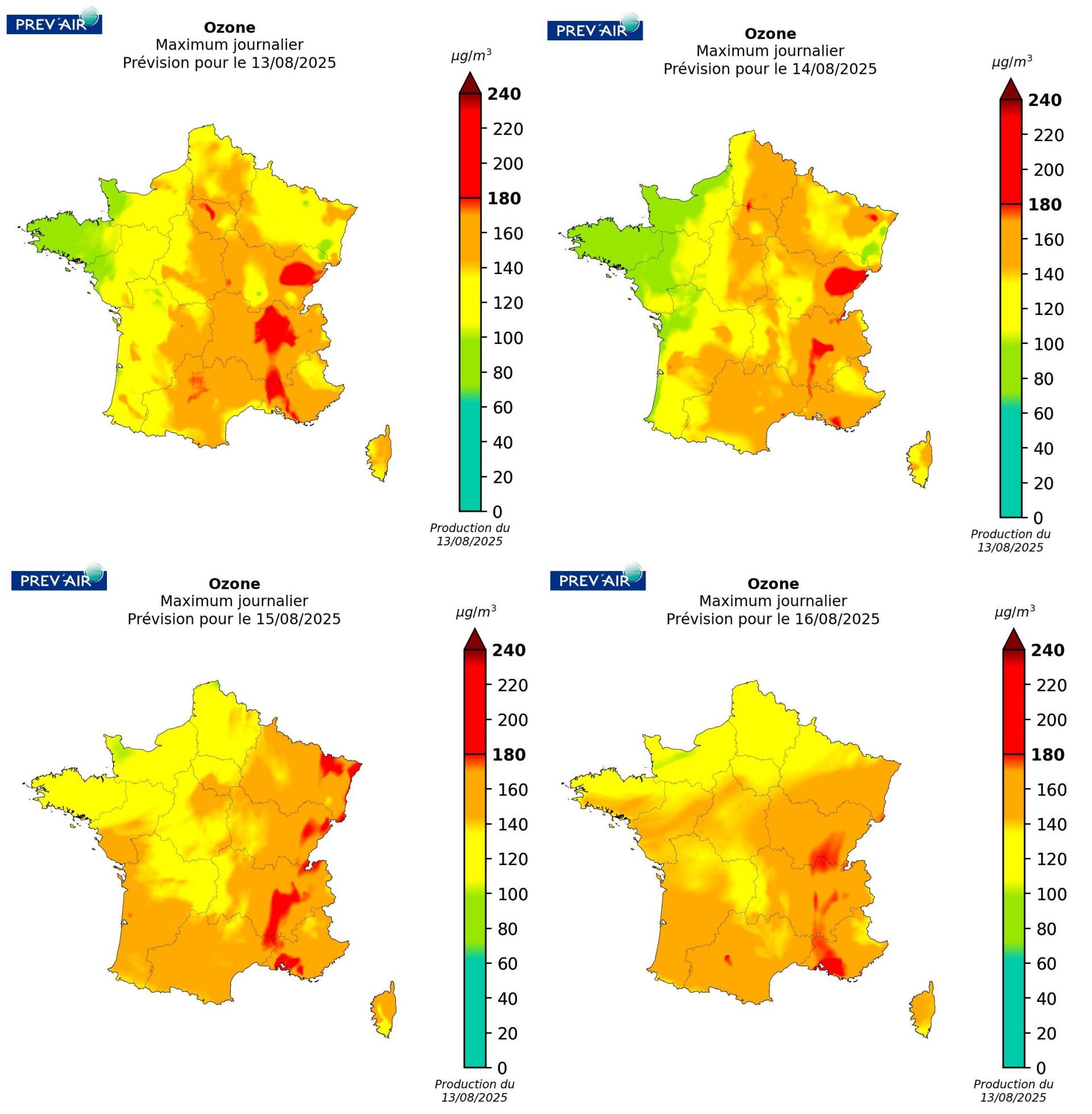 Concentrations d’ozone sur la métropole (maximums journaliers en µg/m3) prévues par PREV’AIR pour aujourd’hui, demain, après-demain et le jour suivant.