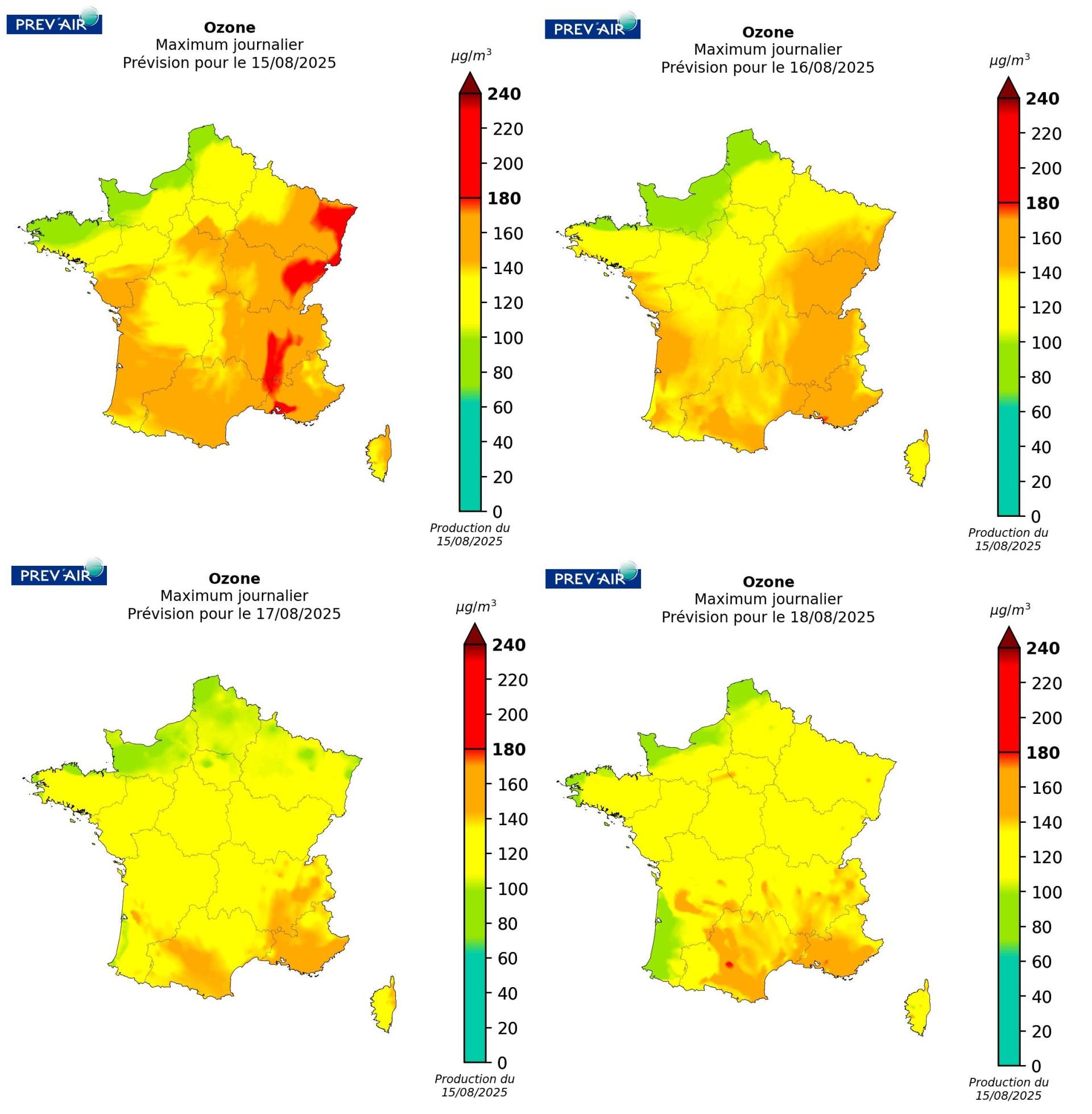 Concentrations d’ozone sur la métropole (maximums journaliers en µg/m3) prévues par PREV’AIR pour aujourd’hui, demain, après-demain et le jour suivant.