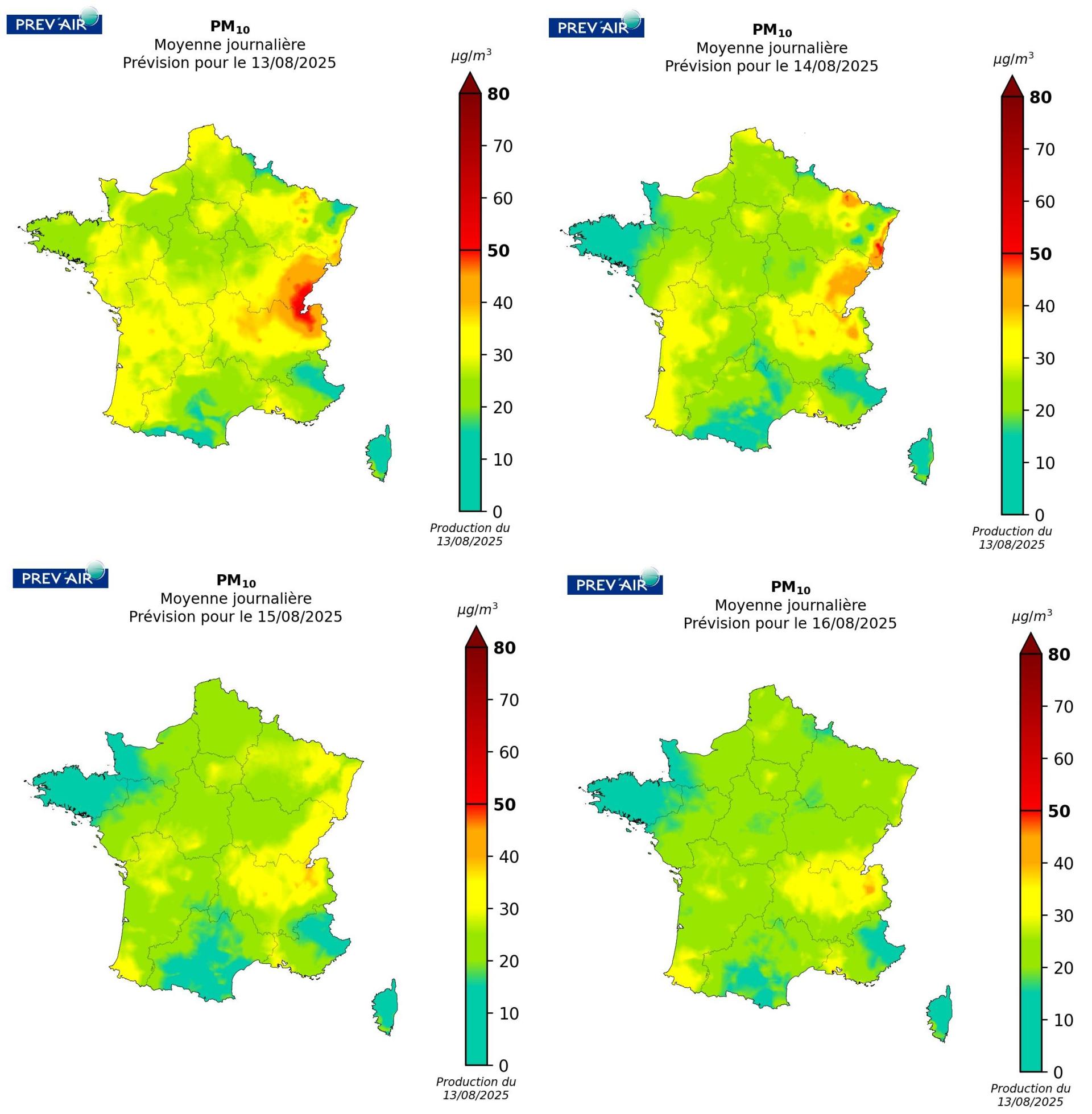 Concentrations de PM10 sur la métropole (concentrations journalières en µg/m3) prévues par PREV’AIR pour aujourd’hui, demain, après-demain et le jour suivant.