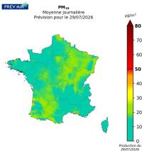 Concentrations en moyennes journalières de PM10 en µg/m³ prévues par Prev’air pour aujourd’hui