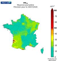 Concentrations en moyennes journalières de PM10 en µg/m3 prévues par Prev’air pour demain 28 juillet 2026.