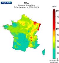 Concentrations en moyenne journalière de PM10 en µg/m3 prévues par Prev’air pour aujourd’hui