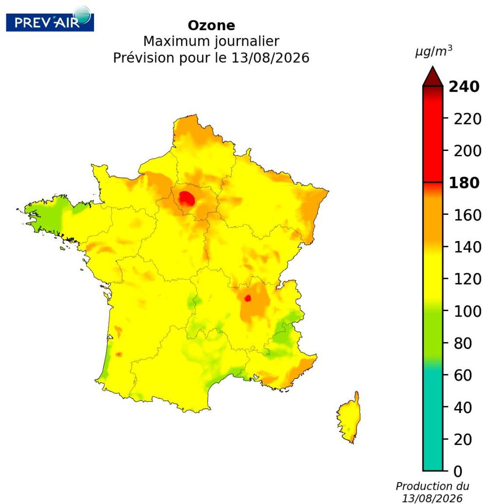 Concentrations d’ozone sur la métropole (maximum journalier en g/m3) prévues par PREV’AIR pour aujourd’hui.