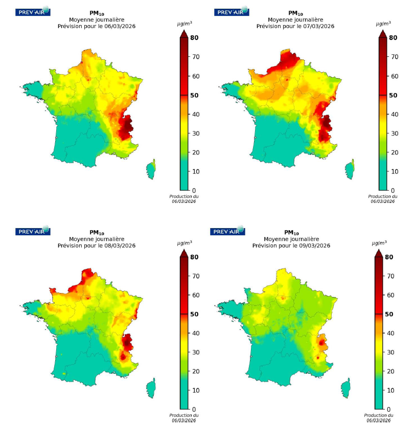 Concentrations de particules (PM10) sur la métropole (moyennes journalières en µg/m3) prévues par PREV’AIR pour aujourd’hui, demain, après-demain et le jour suivant.