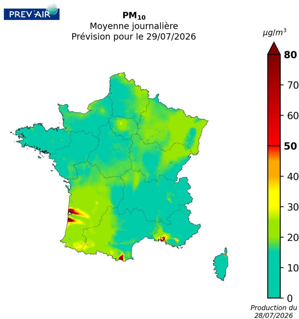 Concentrations en moyennes journalières de PM10 en µg/m3 prévues par Prev’air pour demain 28 juillet 2026.