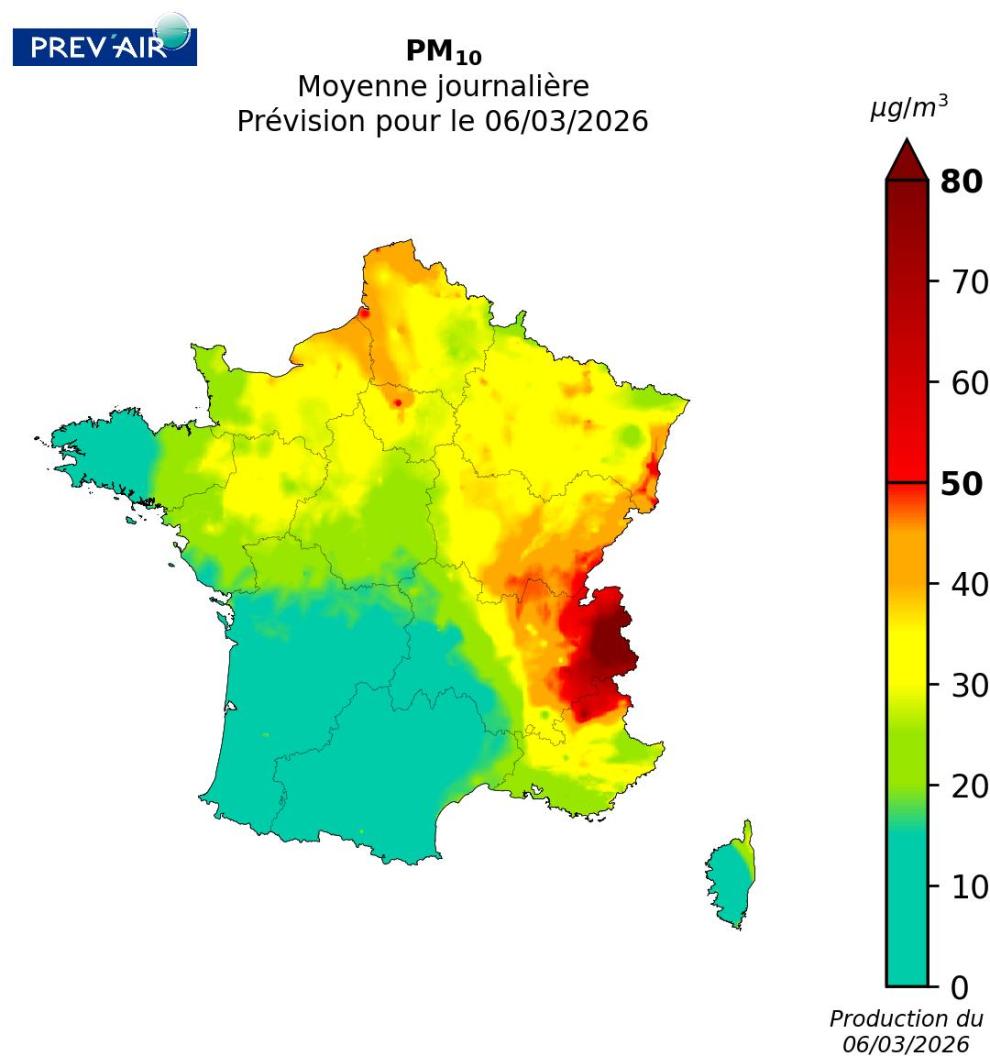 La carte illustre les moyennes journalières de particules prévues pour aujourd’hui.